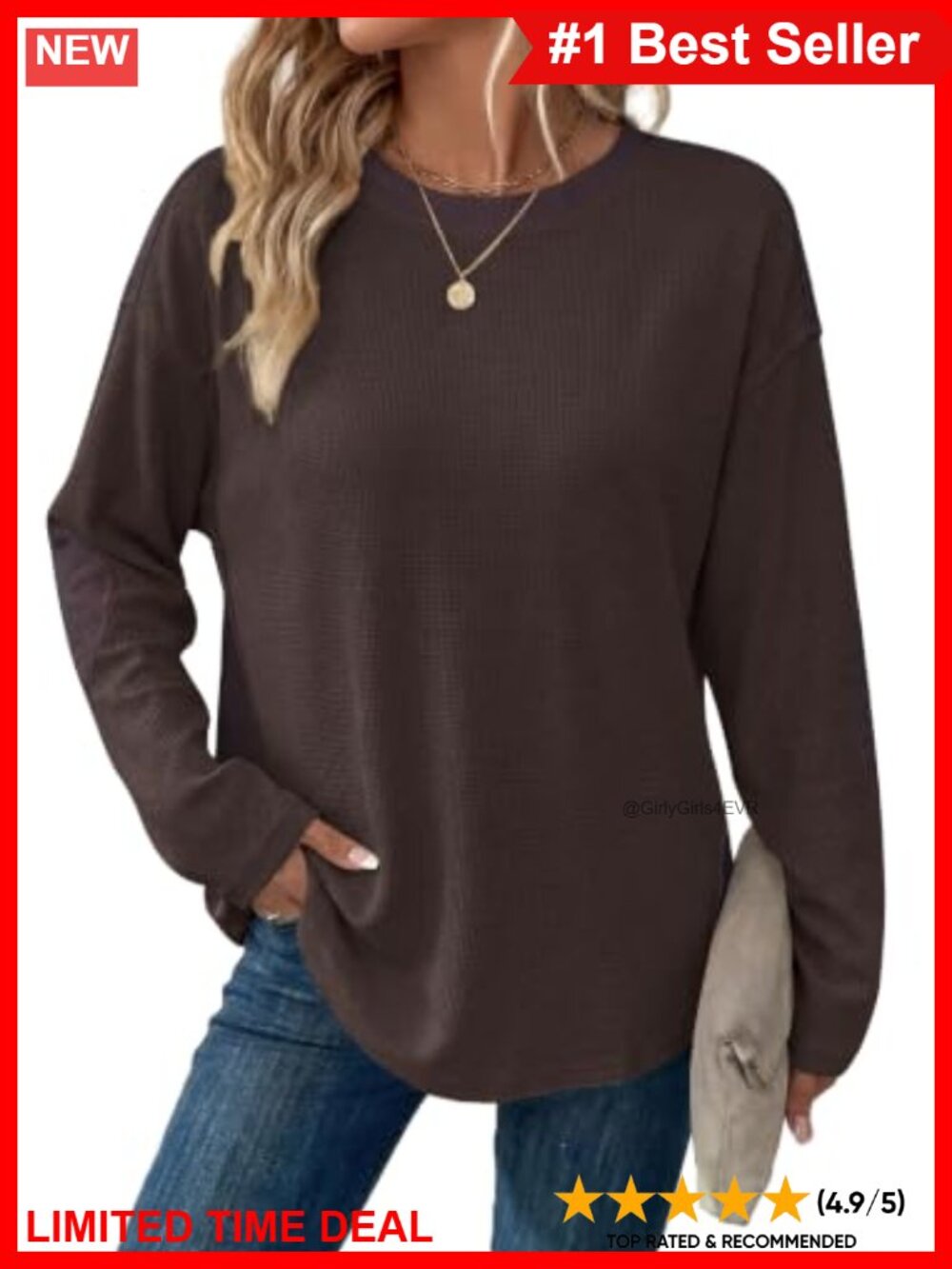 Womens Oversized Waffle Knit Tunic Sweatshirt Loose Crewneck Pullover